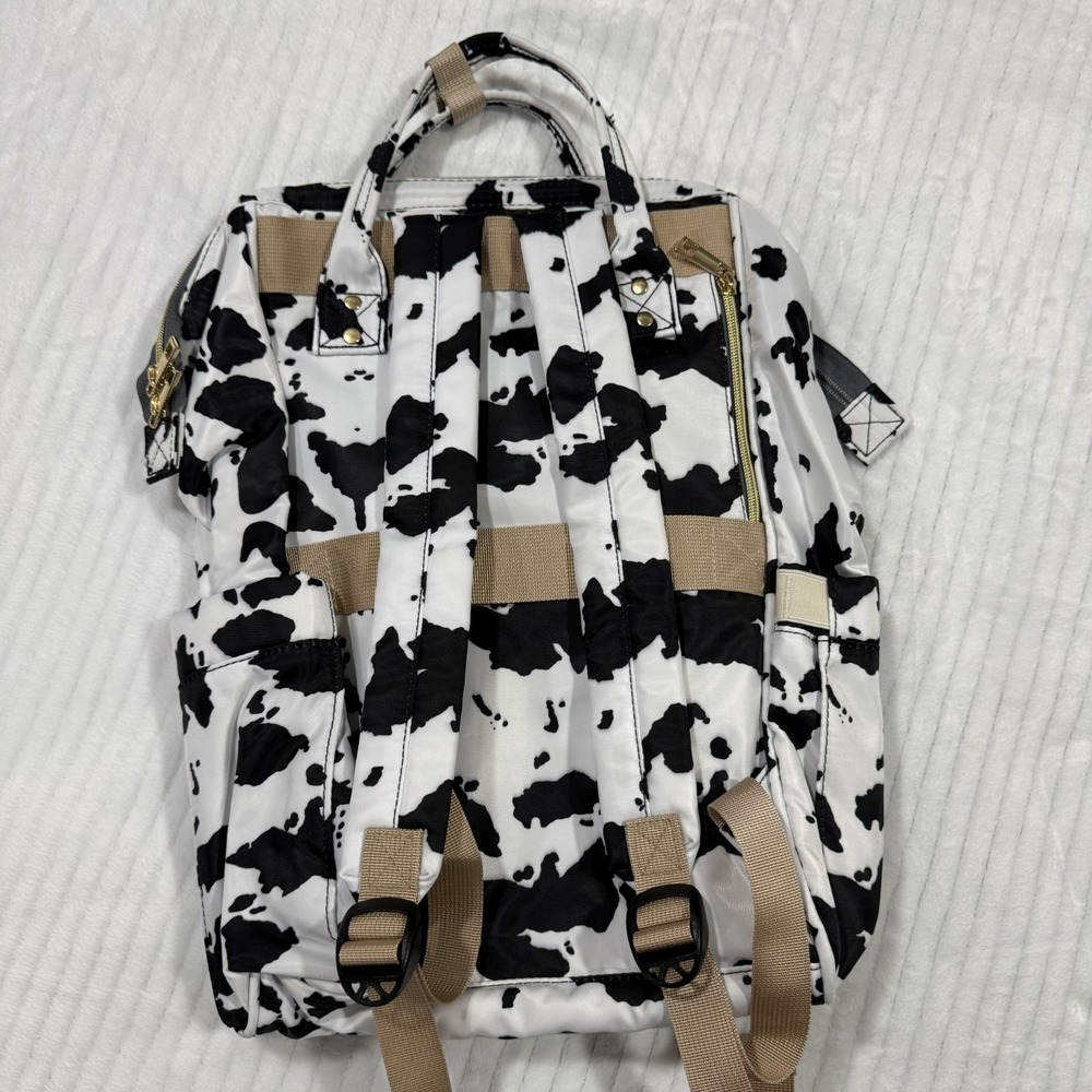 Cow Print Diaper Bag Backpack Black White Baby Bag Travel Backpack Multi Pocket - Picture 2 of 13